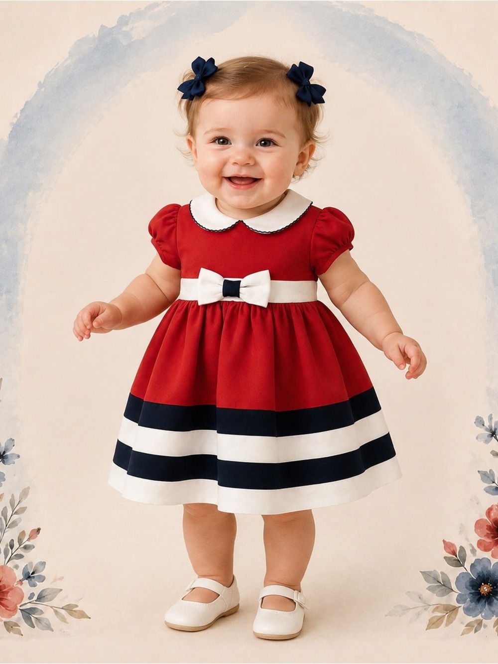 Bonnie Baby Girls 12M Red Navy White Bow Party Dress 2 bows NWT
